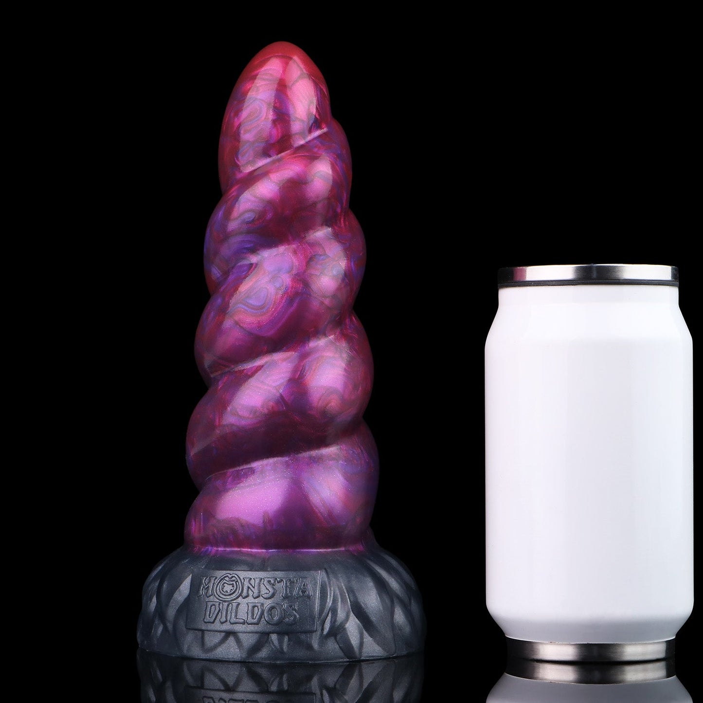 Alicorn the Unicorn dildo, Adrenaline colorway, size comparison next to a standard can