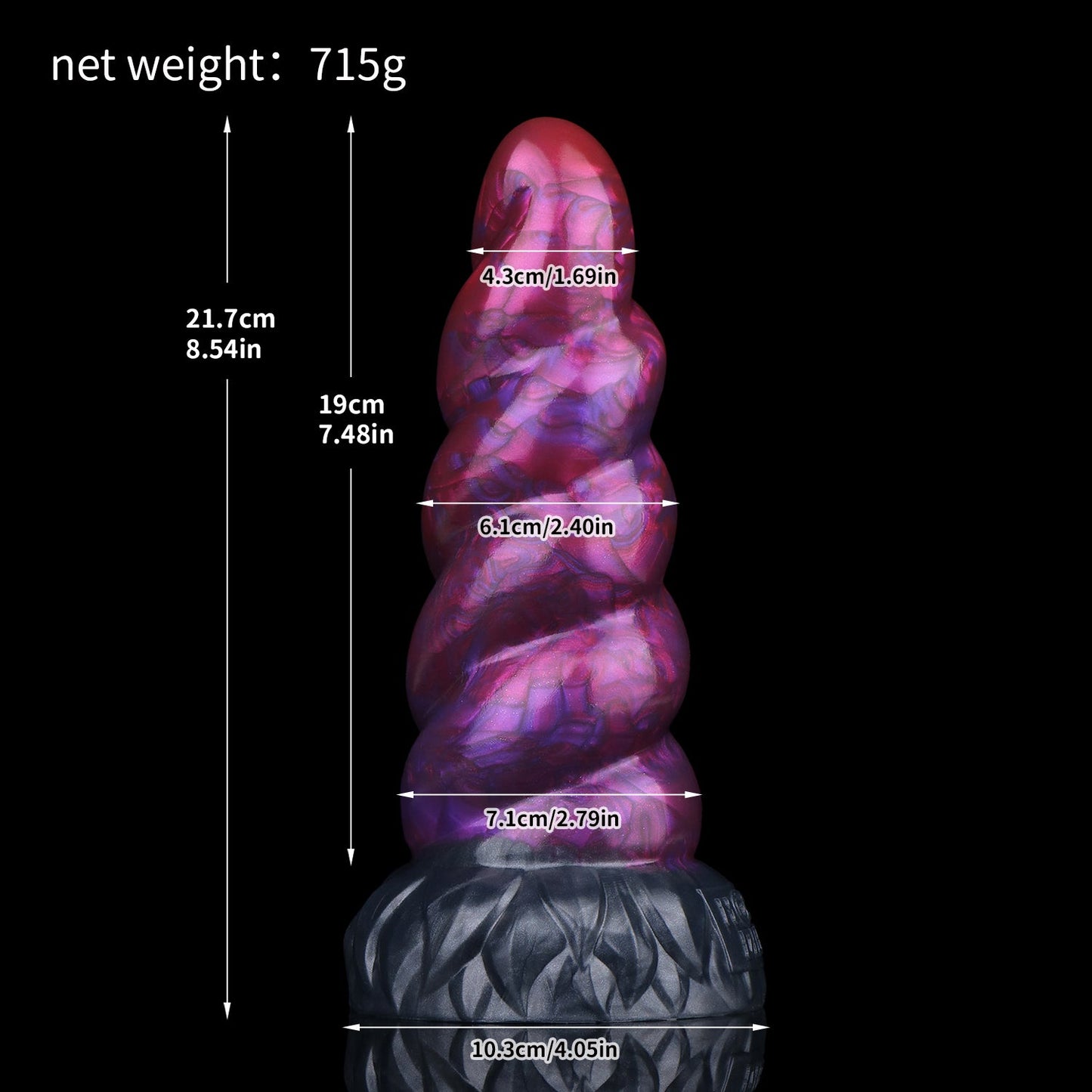 Alicorn the Unicorn dildo, Adrenaline colorway, size and dimension chart