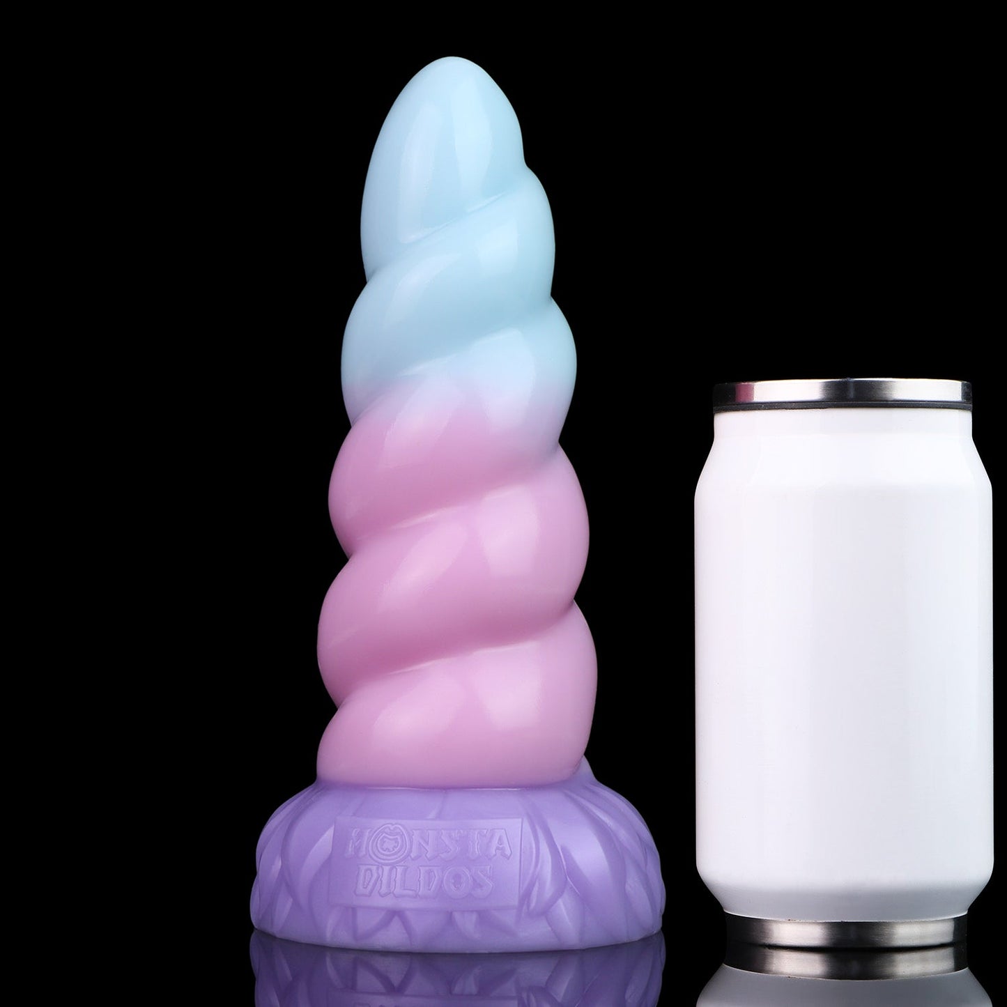 Alicorn the Unicorn dildo, Bubblegum colorway, size comparison next to a standard can