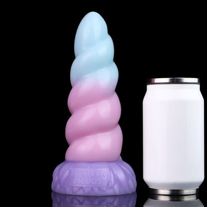 Alicorn the Unicorn dildo, Bubblegum colorway, size comparison next to a standard can