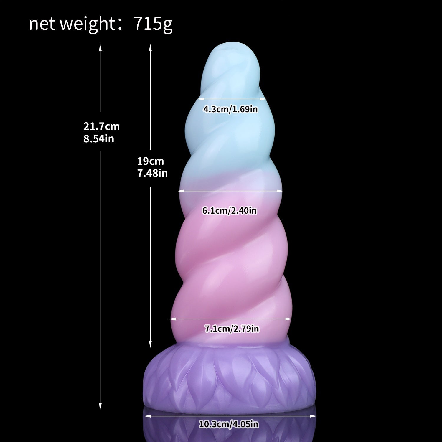 Alicorn the Unicorn dildo, Bubblegum colorway, size and dimension chart