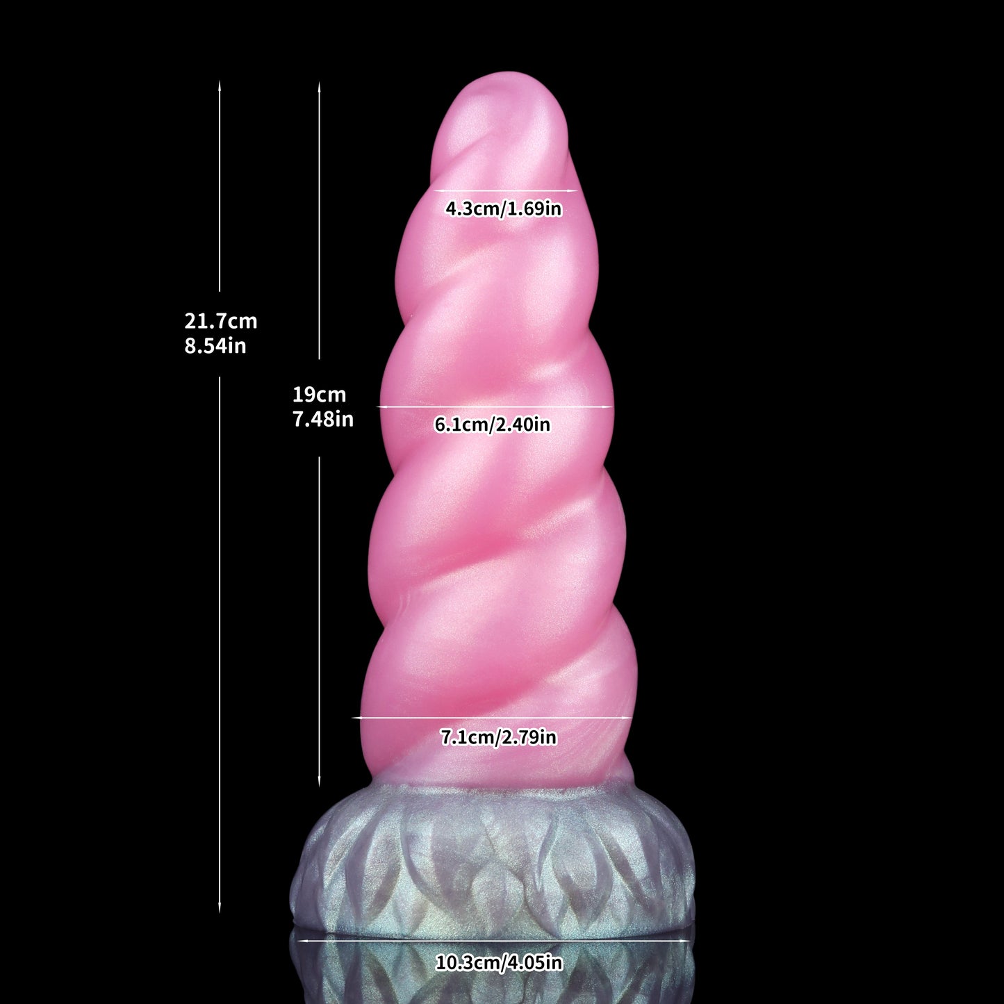 Alicorn the Unicorn dildo, Lick colorway, size and dimension chart
