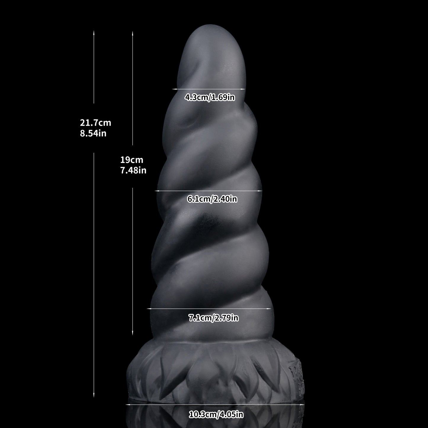 Alicorn the Unicorn dildo, Shadow colorway, size and dimension chart
