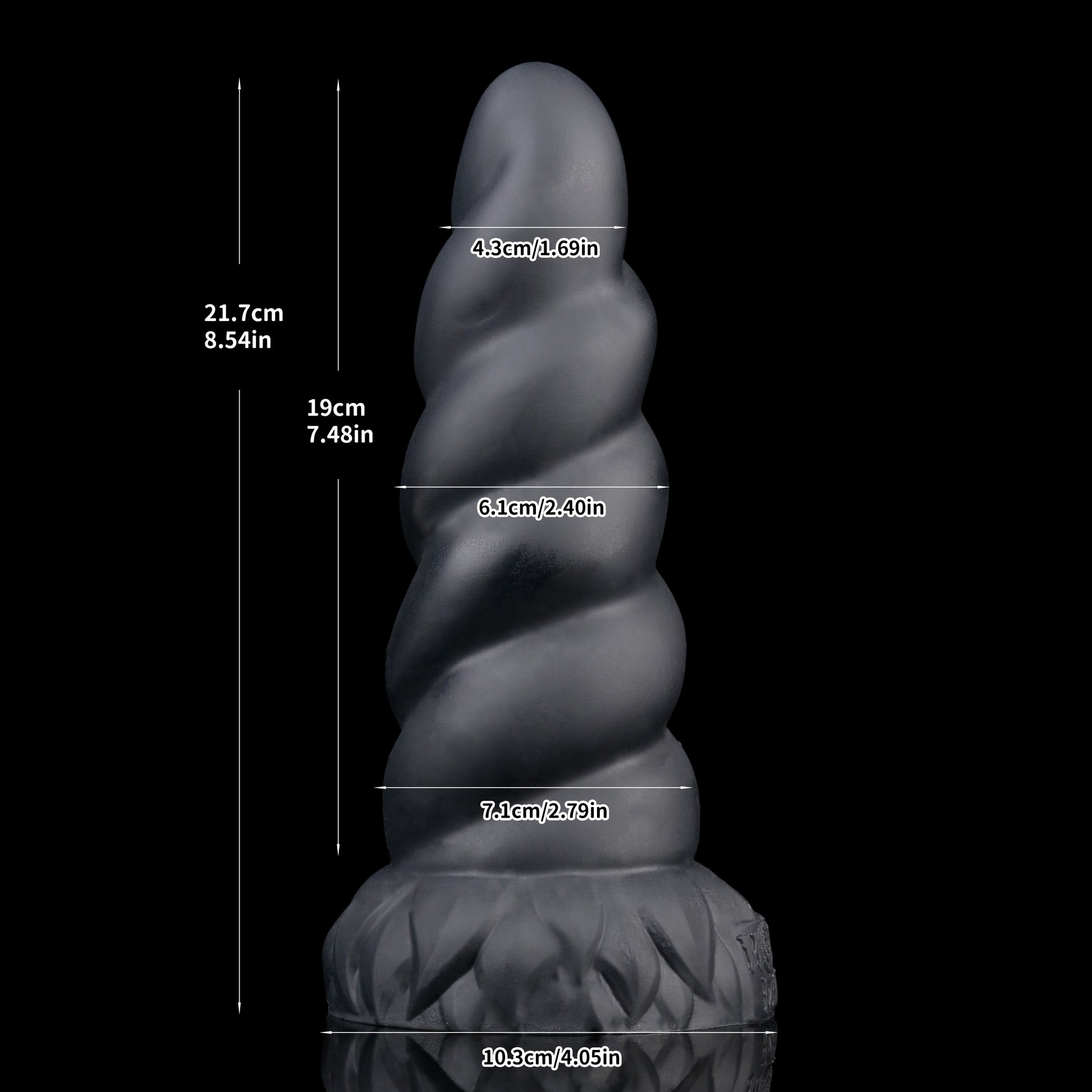 Alicorn the Unicorn dildo, Shadow colorway, size and dimension chart