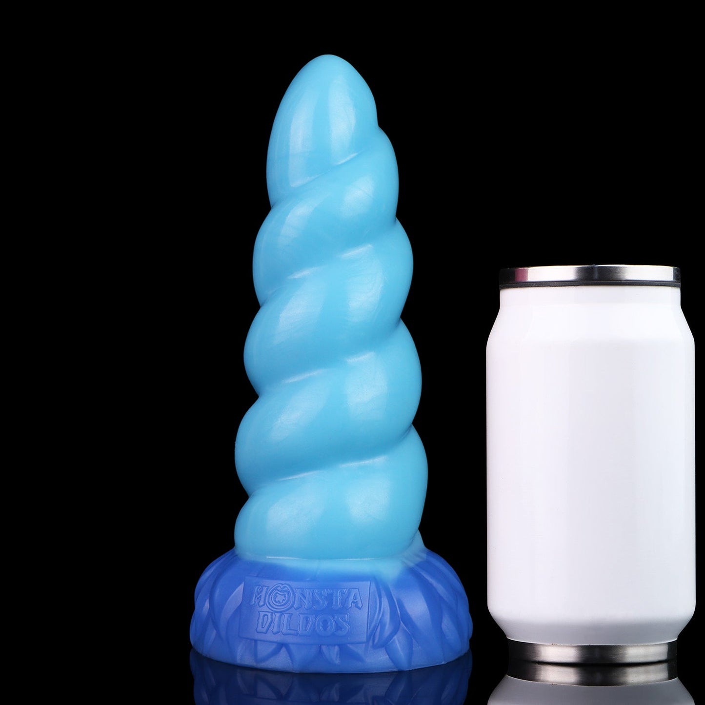 Alicorn the Unicorn dildo, Shock colorway, size comparison next to a standard can
