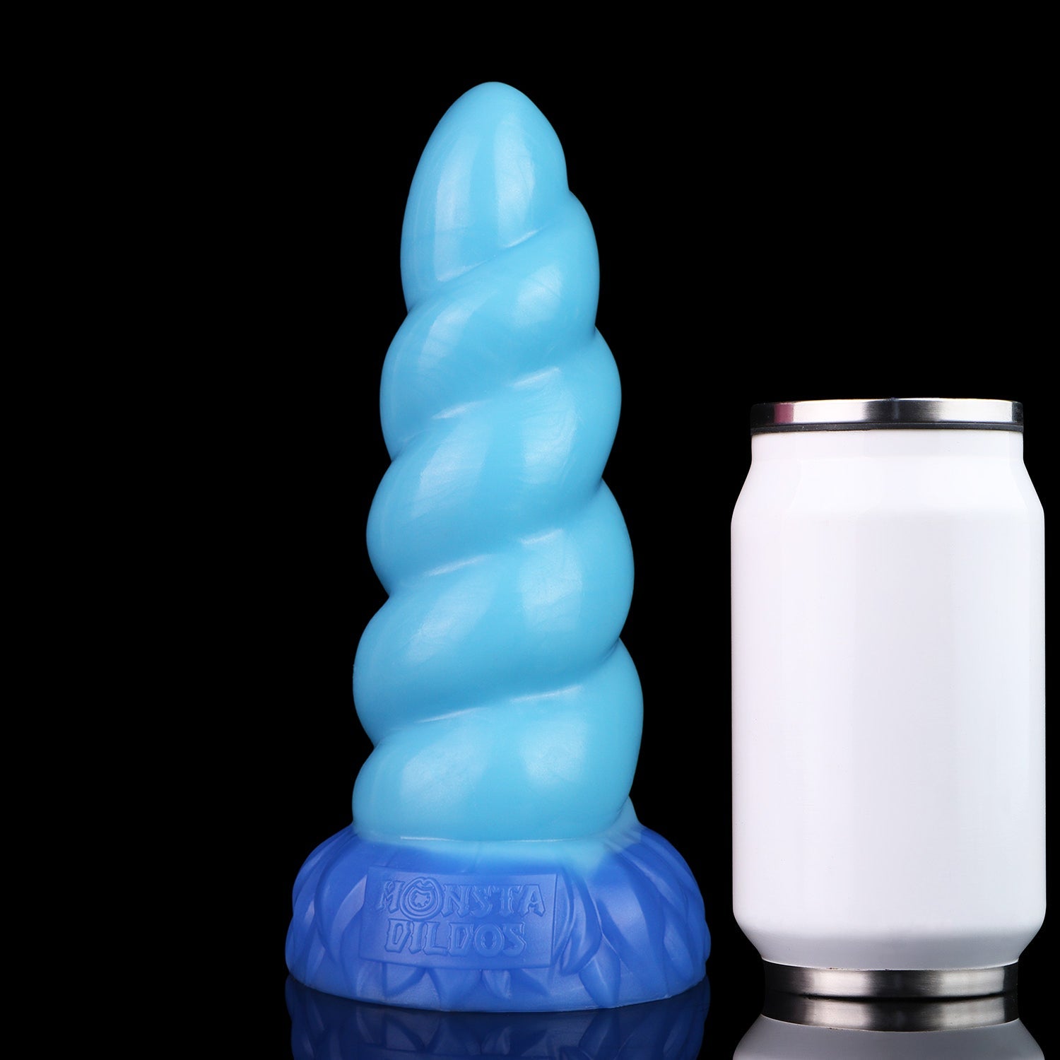 Alicorn the Unicorn dildo, Shock colorway, size comparison next to a standard can