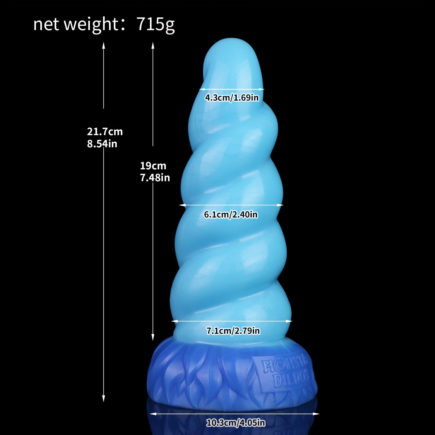 Alicorn the Unicorn dildo, Shock colorway, size and dimension chart