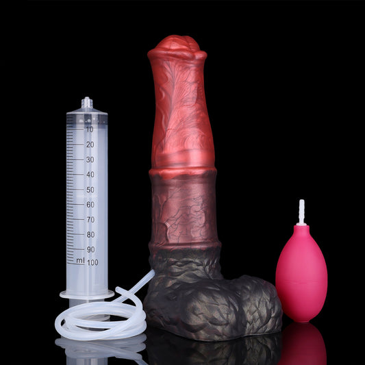 Aster the Swifthoof dildo, Dusk colorway, shown with fill syringe and squeeze bulb accessories