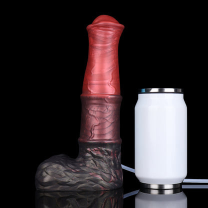 Aster the Swifthoof dildo, Dusk colorway, size comparison next to a standard can