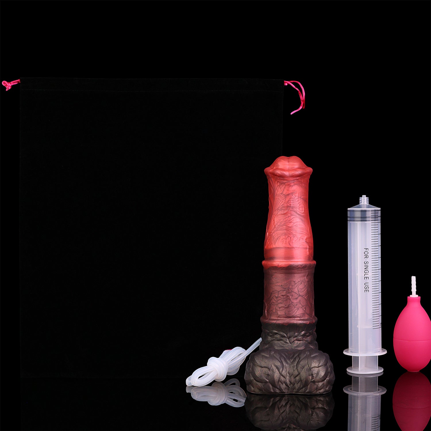 Aster the Swifthoof dildo, Dusk colorway, with storage pouch and squirting accessories