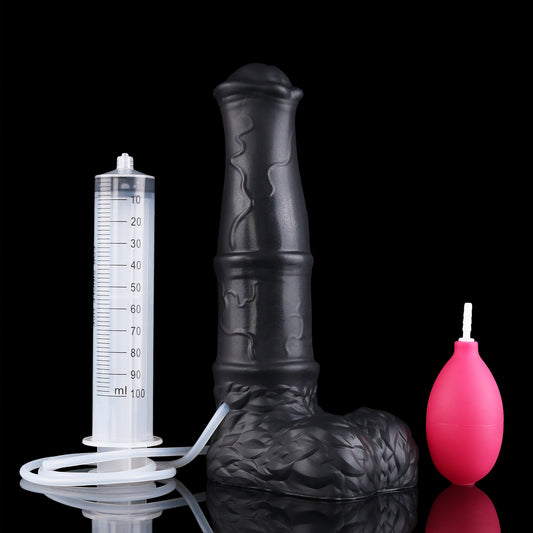 Aster the Swifthoof dildo, Shadow colorway, shown with fill syringe and squeeze bulb accessories