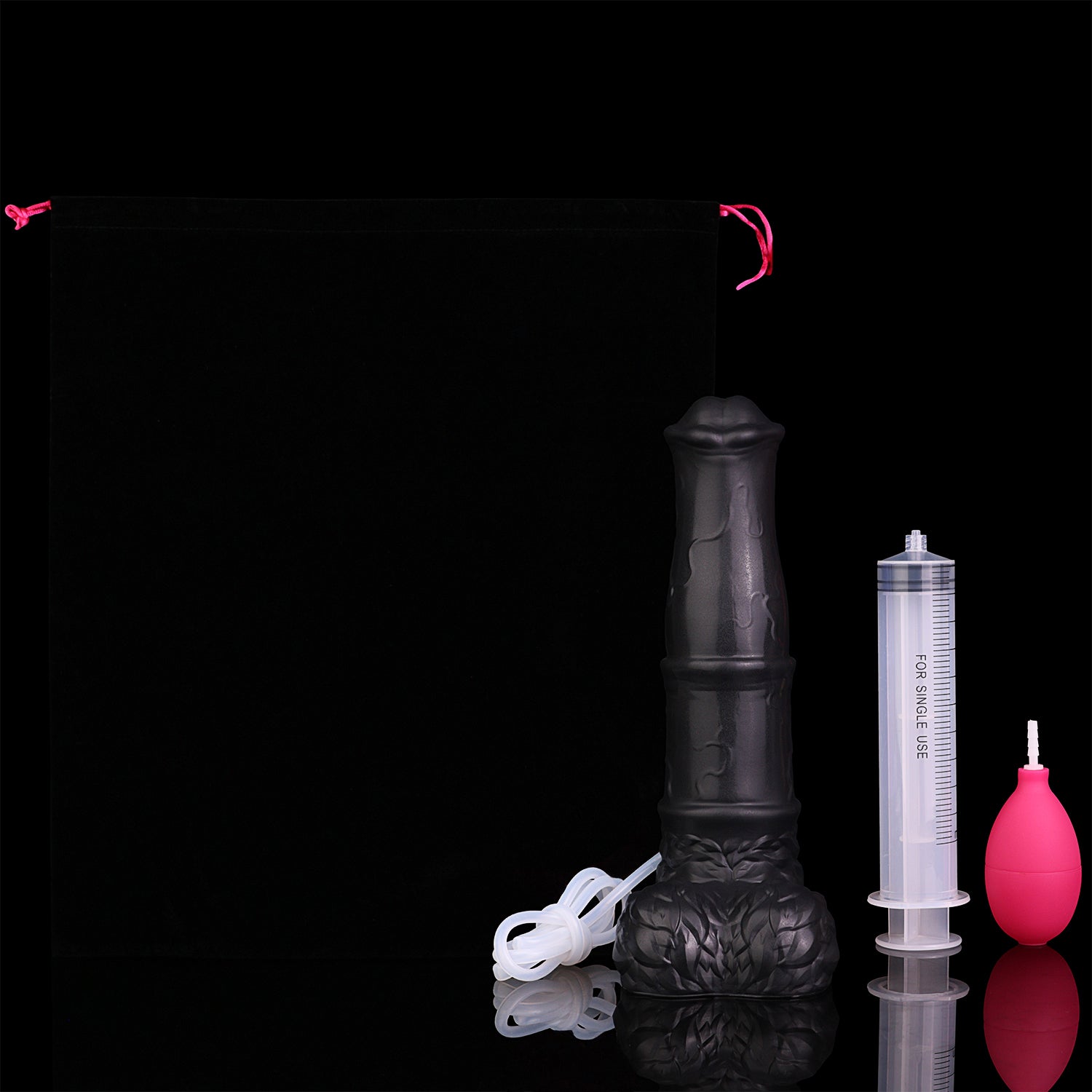 Aster the Swifthoof dildo, Shadow colorway, with storage pouch and squirting accessories