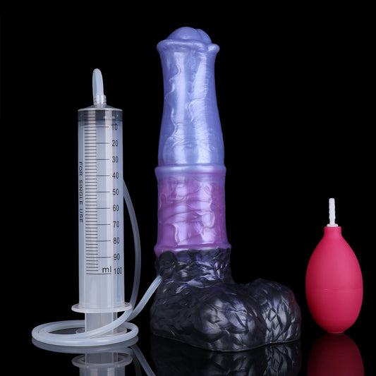 Aster the Swifthoof dildo, Spectre colorway, shown with fill syringe and squeeze bulb accessories