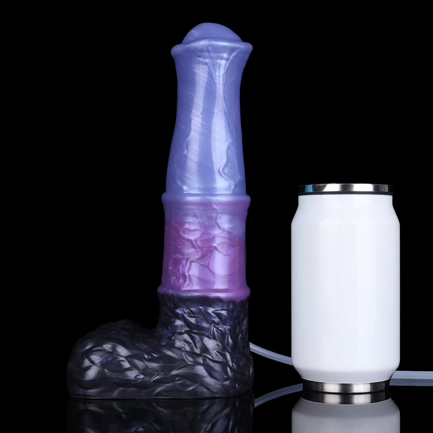 Aster the Swifthoof dildo, Spectre colorway, size comparison next to a standard can