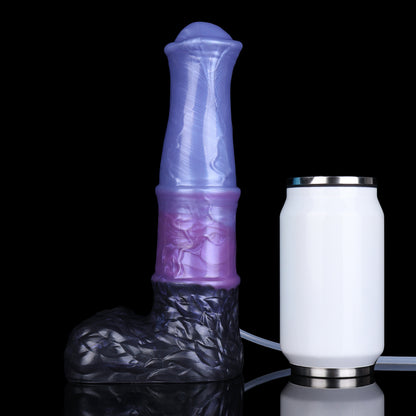 Aster the Swifthoof dildo, Spectre colorway, size comparison next to a standard can
