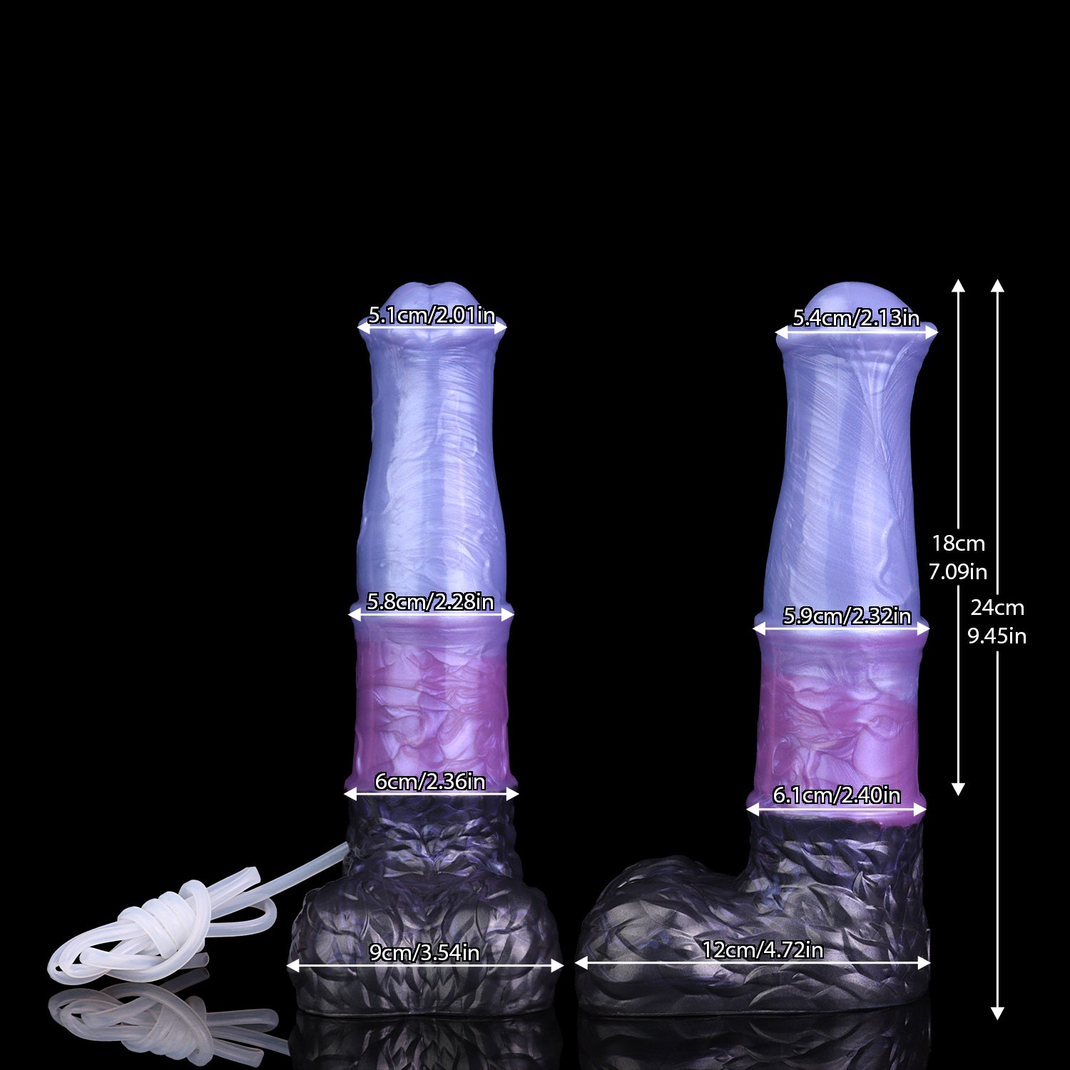 Aster the Swifthoof dildo, Spectre colorway, size and dimension chart