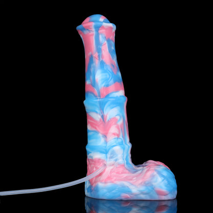 Aster the Swifthoof dildo, Trans Pride colorway, front view with squirting tube