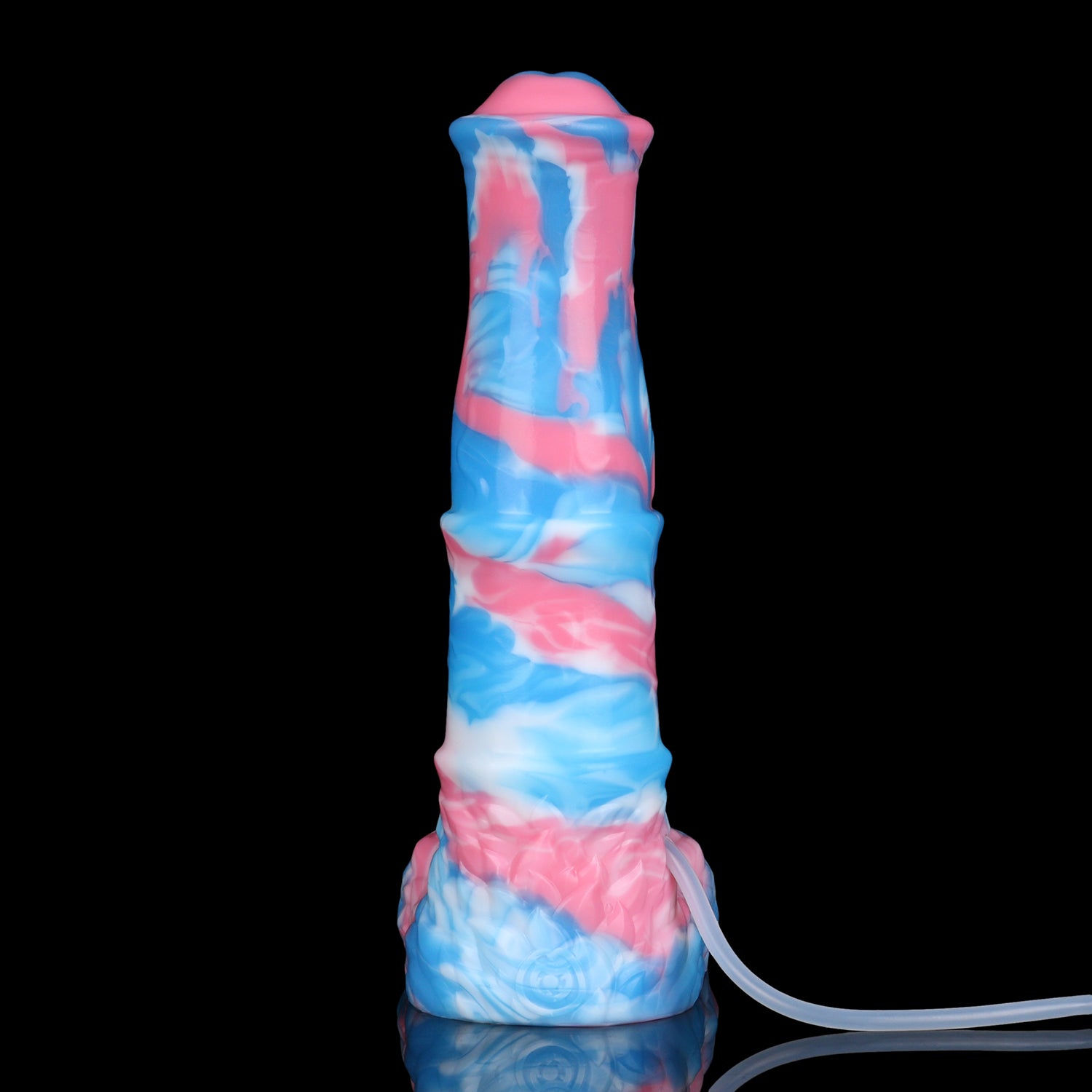 Aster the Swifthoof dildo, Trans Pride colorway, side angle with squirting tube