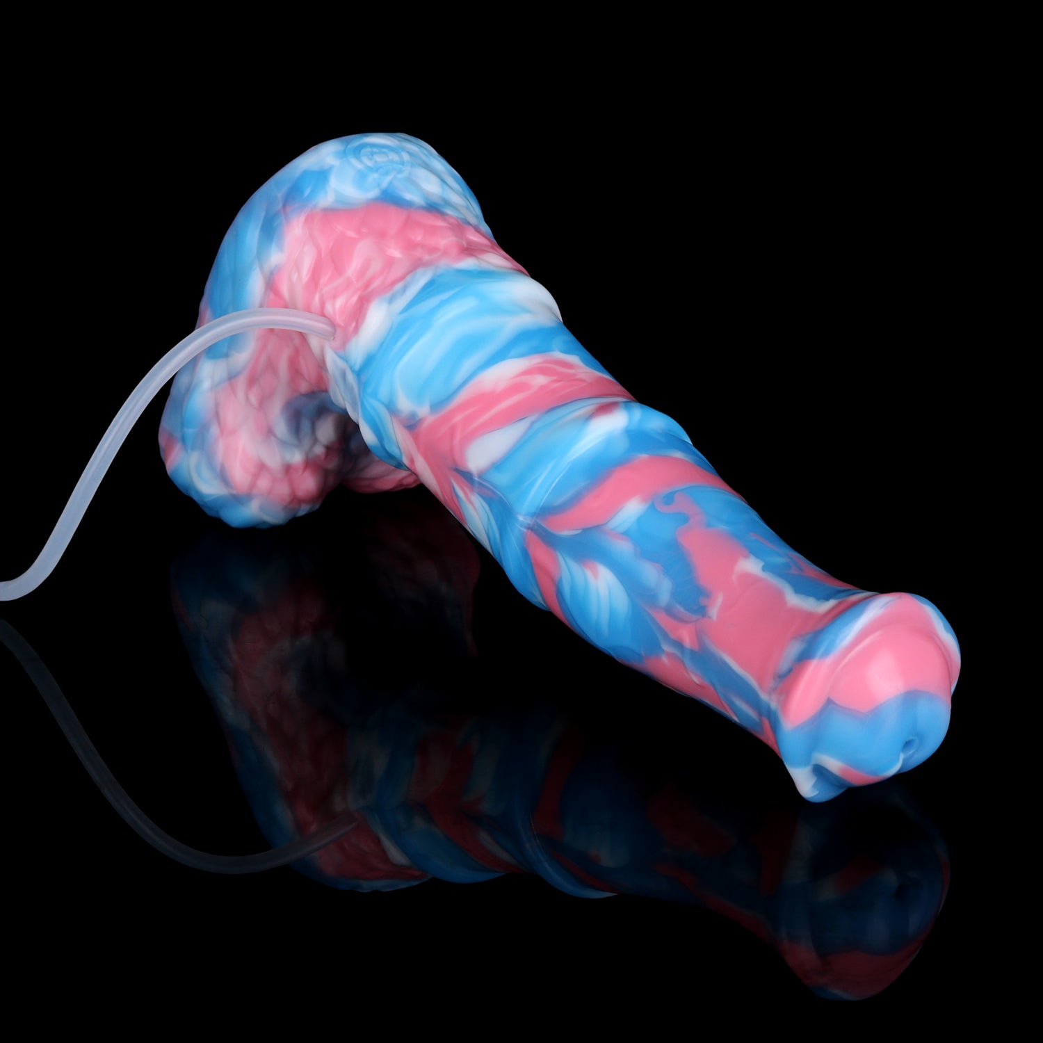 Aster the Swifthoof dildo, Trans Pride colorway, rear base angle with reflection