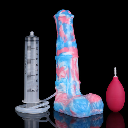 Aster the Swifthoof dildo, Trans Pride colorway, shown with fill syringe and squeeze bulb accessories
