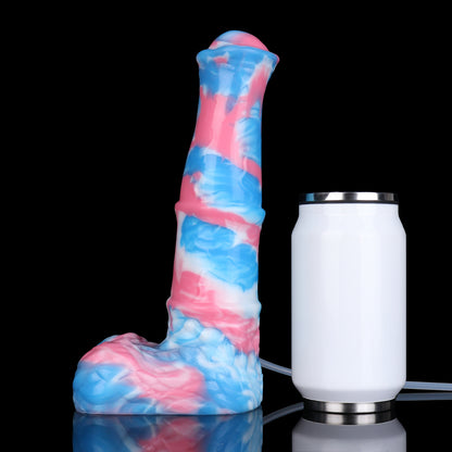 Aster the Swifthoof dildo, Trans Pride colorway, size comparison next to a standard can