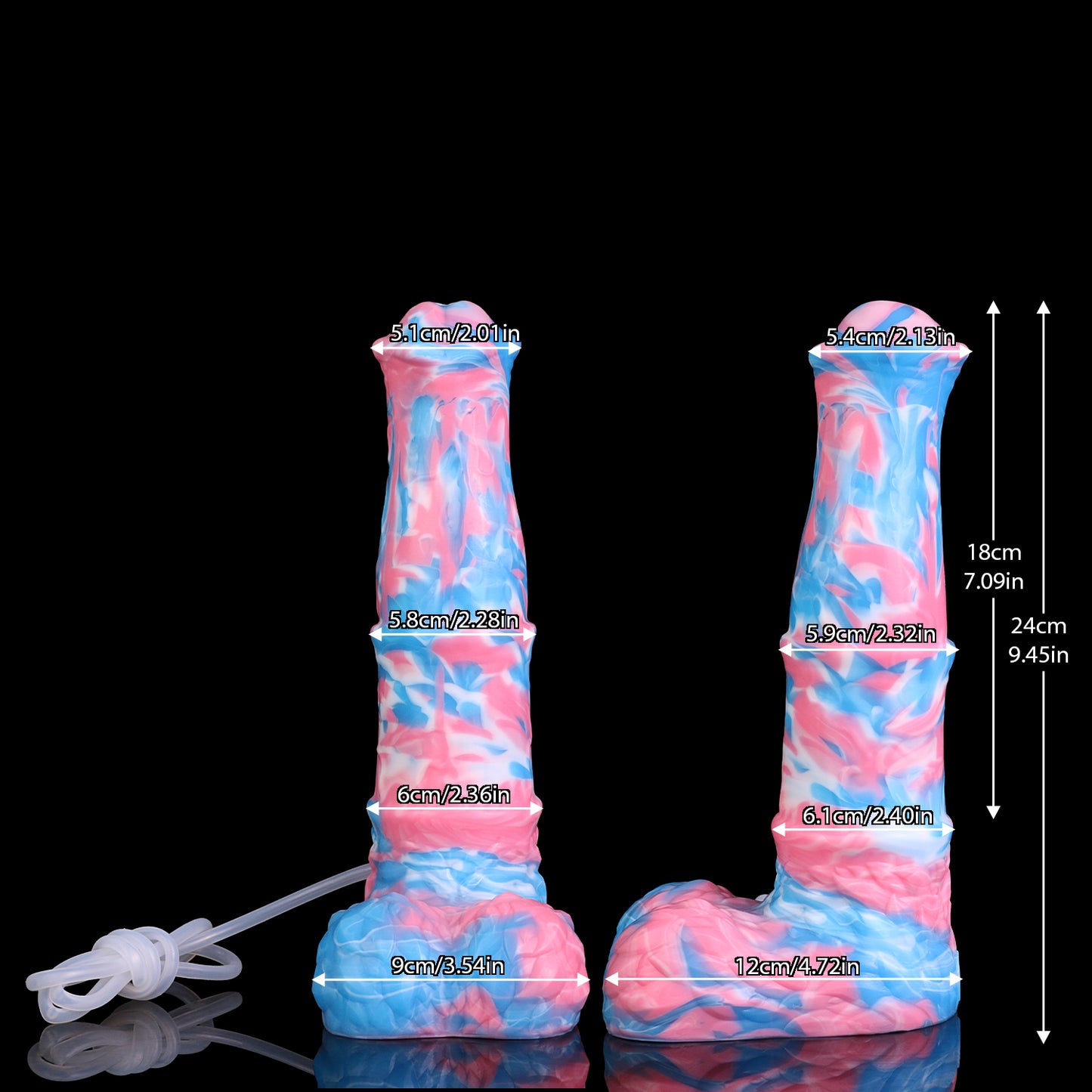 Aster the Swifthoof dildo, Trans Pride colorway, size and dimension chart
