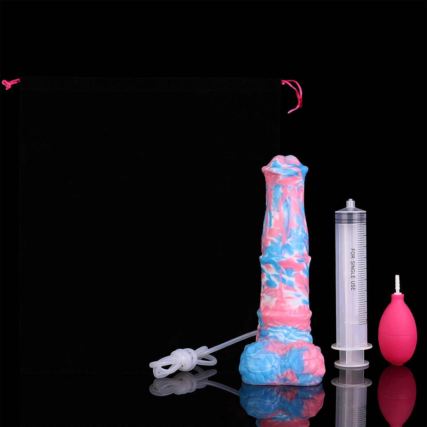 Aster the Swifthoof dildo, Trans Pride colorway, with storage pouch and squirting accessories