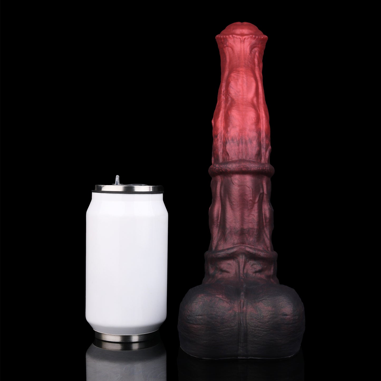 Atlas the Celestial Stallion dildo, Dusk colorway, size comparison next to a standard can