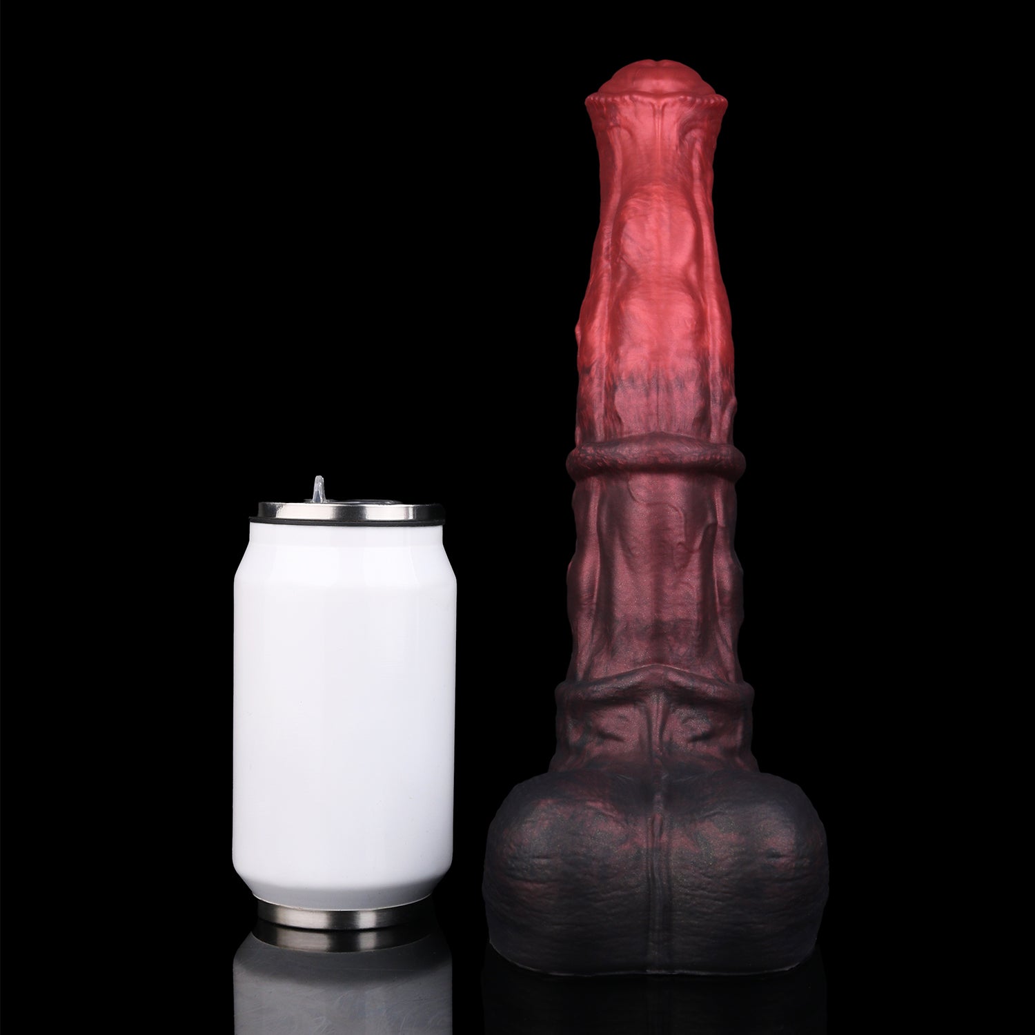 Atlas the Celestial Stallion dildo, Dusk colorway, size comparison next to a standard can