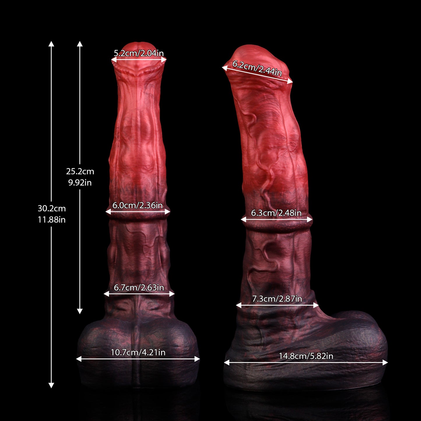 Atlas the Celestial Stallion dildo, Dusk colorway, size and dimension chart