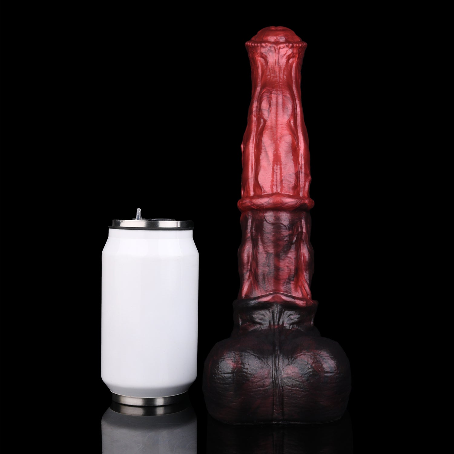 Atlas the Celestial Stallion dildo, Lava colorway, size comparison next to a standard can