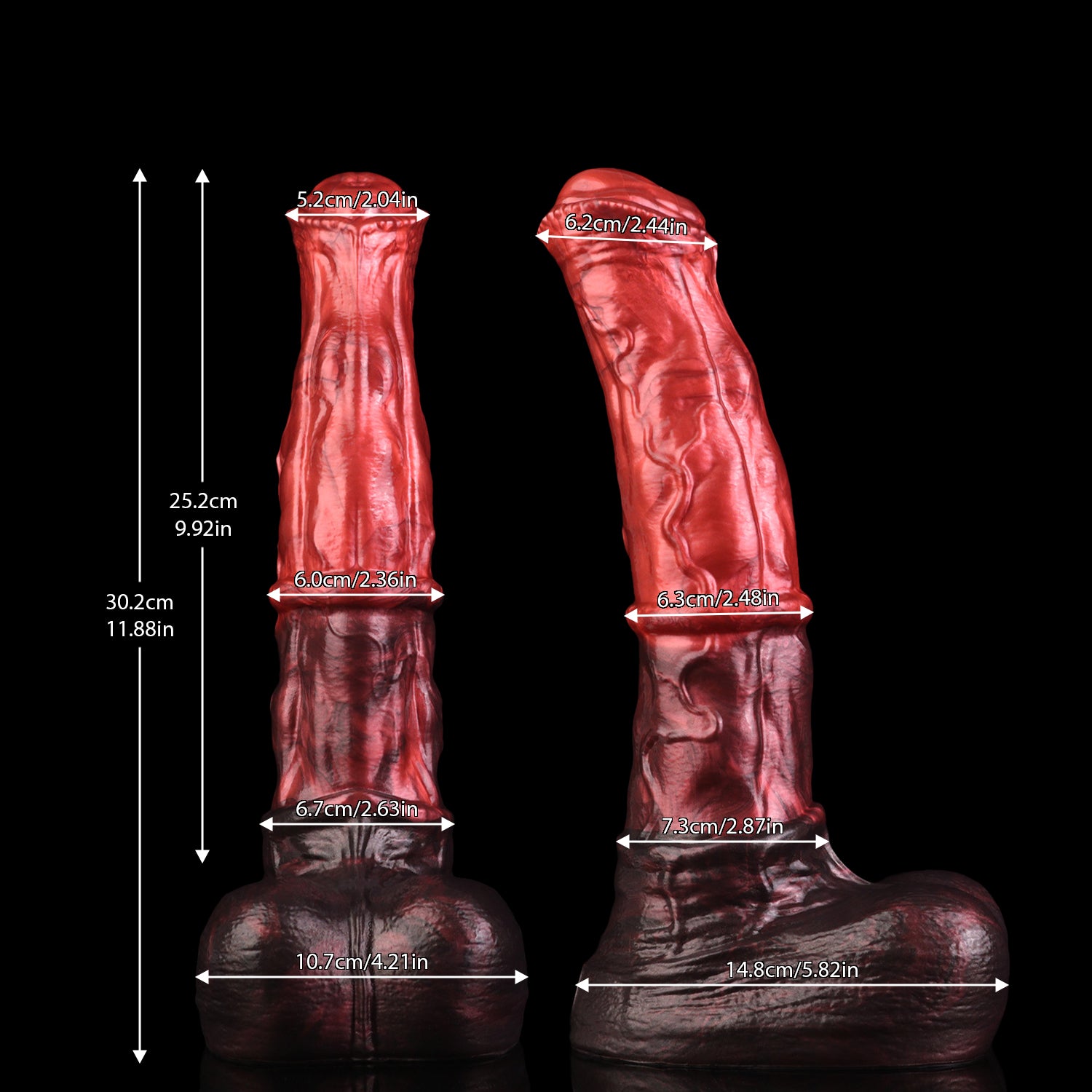 Atlas the Celestial Stallion dildo, Lava colorway, size and dimension chart