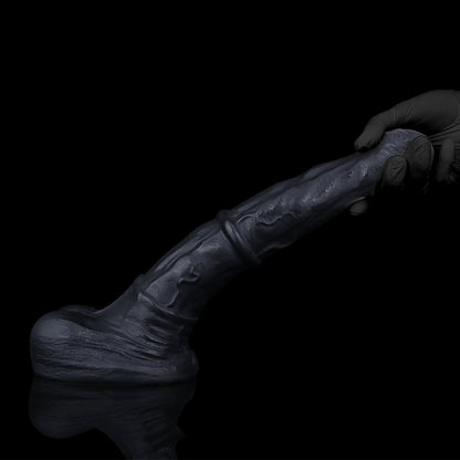 Atlas the Celestial Stallion dildo, Shadow colorway, held in hand demonstrating bend