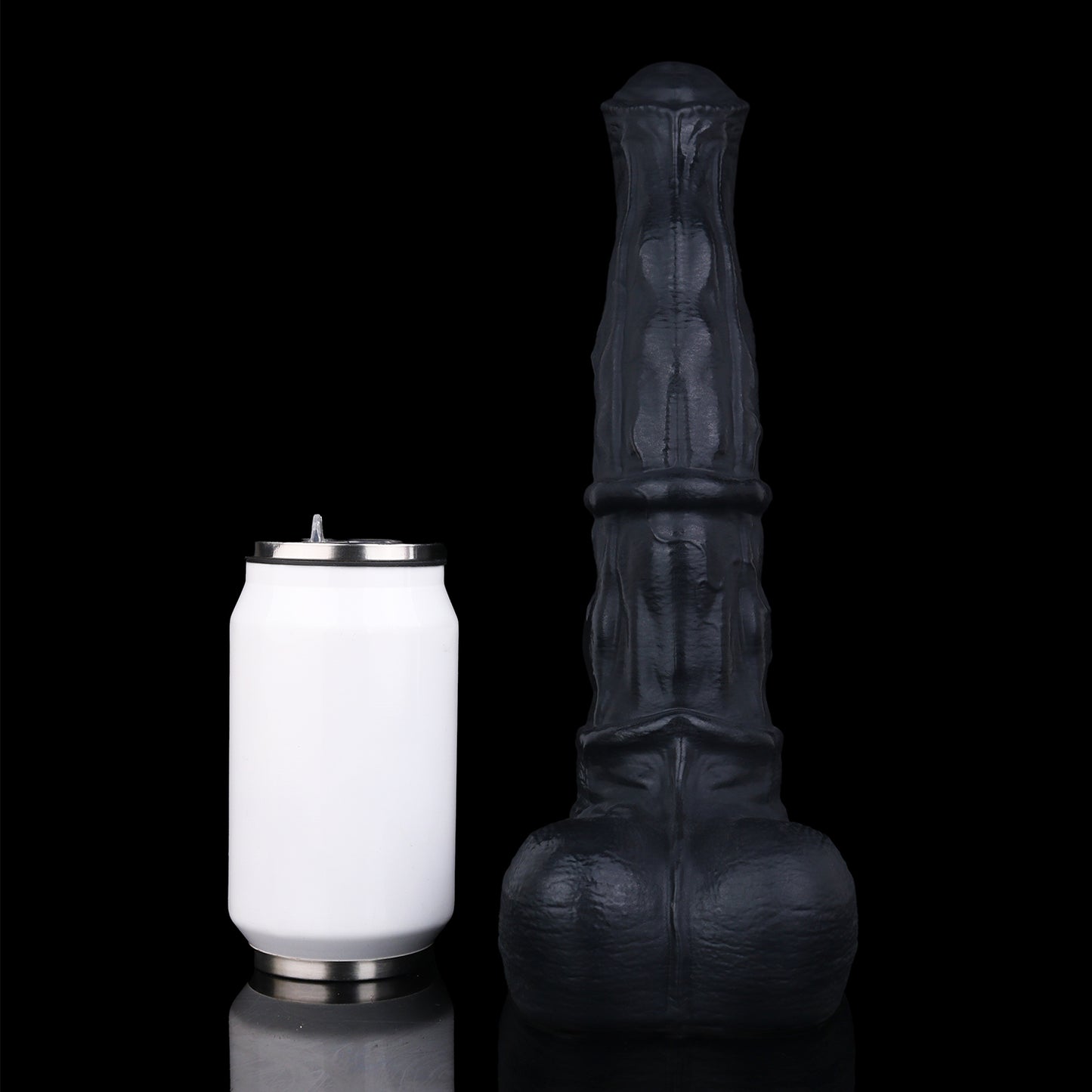 Atlas the Celestial Stallion dildo, Shadow colorway, size comparison next to a standard can