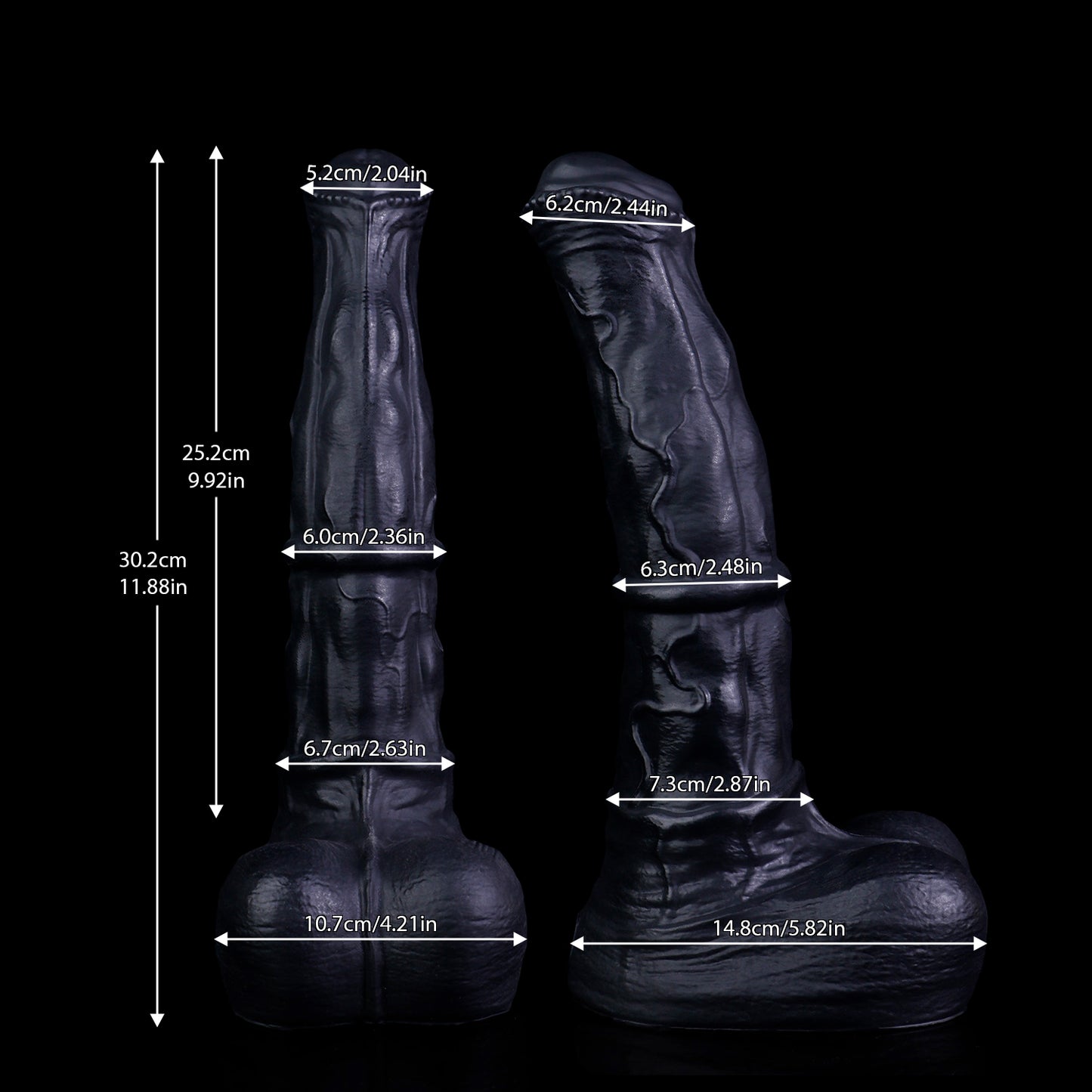 Atlas the Celestial Stallion dildo, Shadow colorway, size and dimension chart