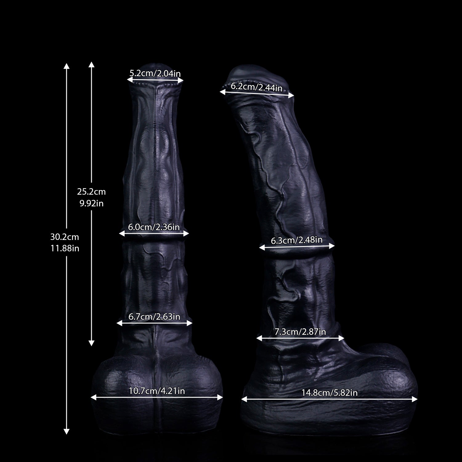 Atlas the Celestial Stallion dildo, Shadow colorway, size and dimension chart