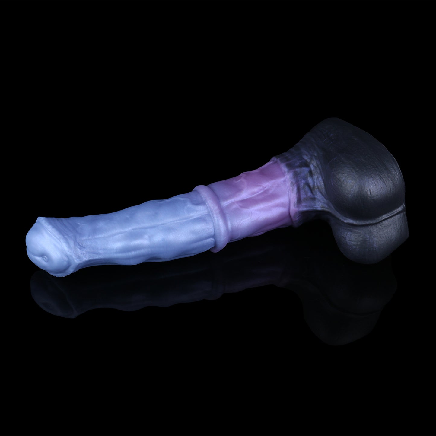 Atlas the Celestial Stallion dildo, Spectre colorway, side-lying angle with reflection