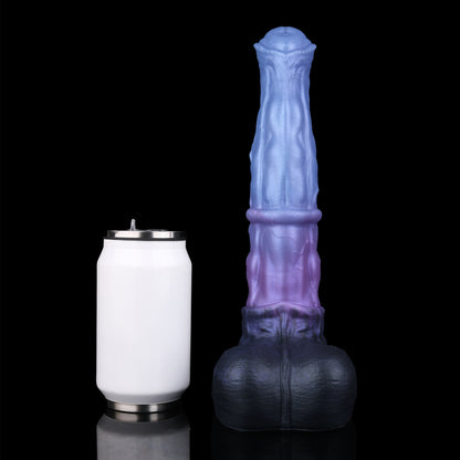 Atlas the Celestial Stallion dildo, Spectre colorway, size comparison next to a standard can