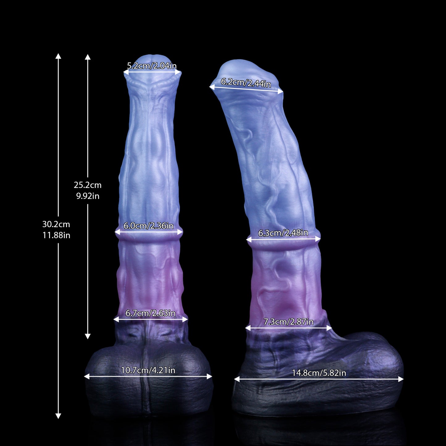 Atlas the Celestial Stallion dildo, Spectre colorway, size and dimension chart