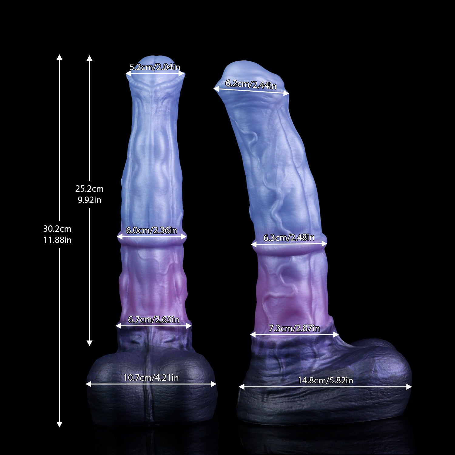 Atlas the Celestial Stallion dildo, Spectre colorway, size and dimension chart