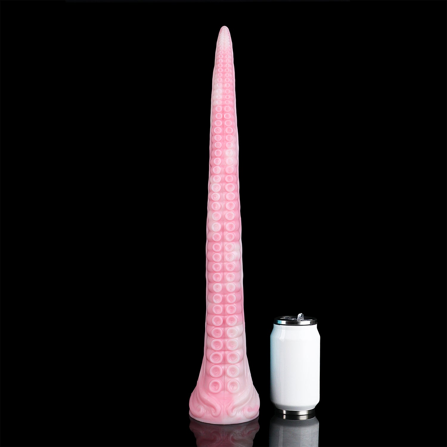 Coilor the Abyssal dildo, Fairy Floss colorway, size comparison next to a standard can