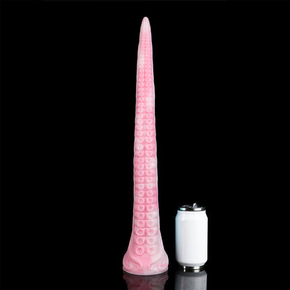 Coilor the Abyssal dildo, Fairy Floss colorway, size comparison next to a standard can