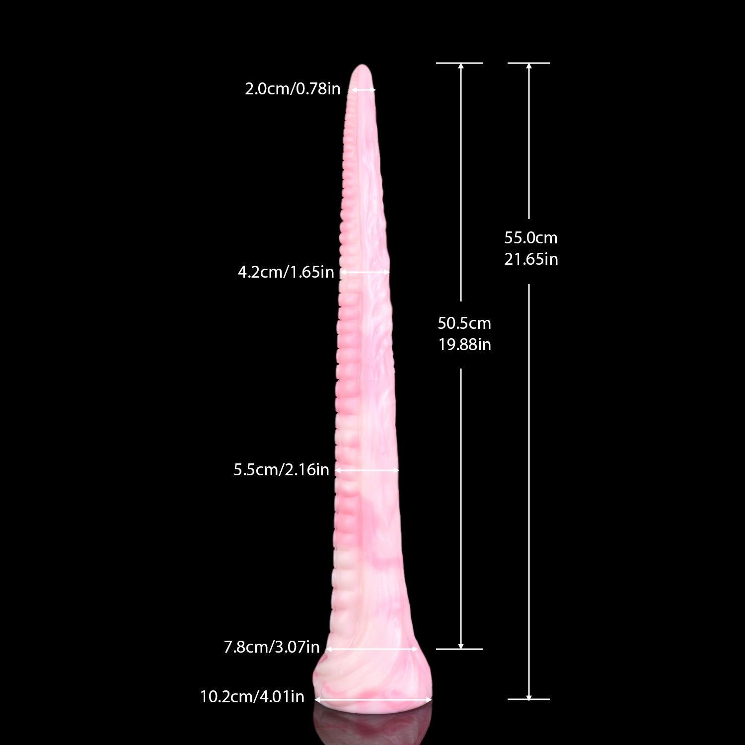 Coilor the Abyssal dildo, Fairy Floss colorway, size and dimension chart