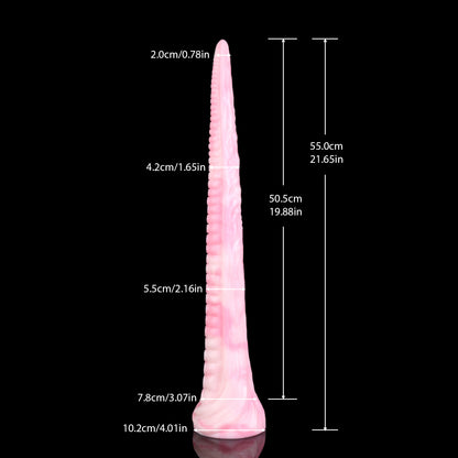 Coilor the Abyssal dildo, Fairy Floss colorway, size and dimension chart