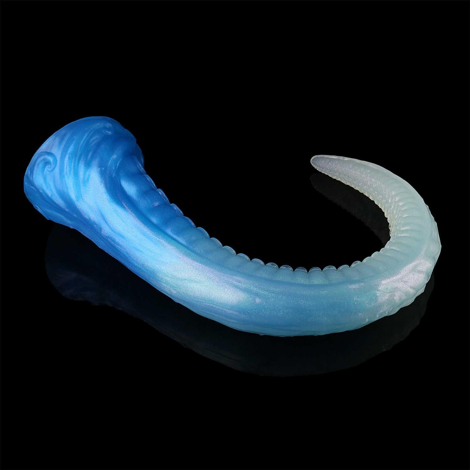 Coilor the Abyssal dildo, Mist colorway, curled to demonstrate flexibility