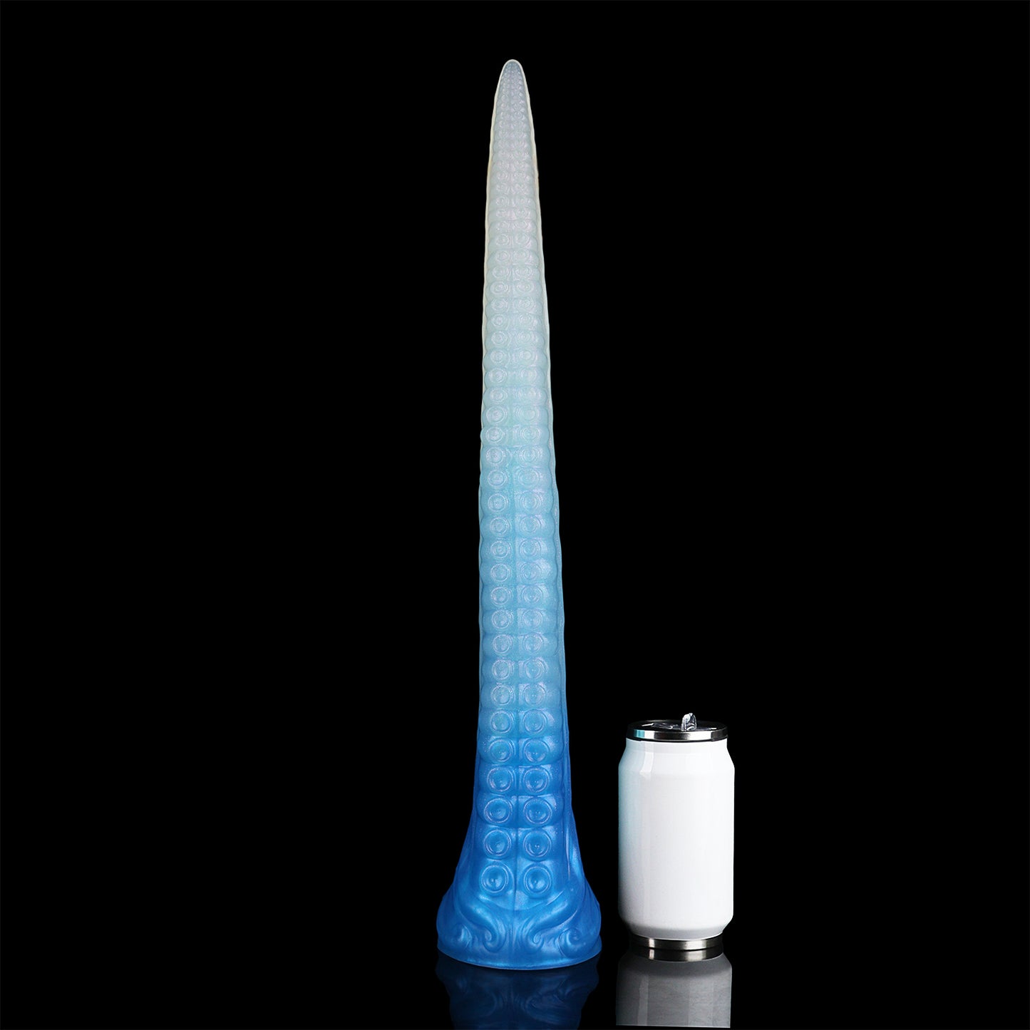 Coilor the Abyssal dildo, Mist colorway, size comparison next to a standard can