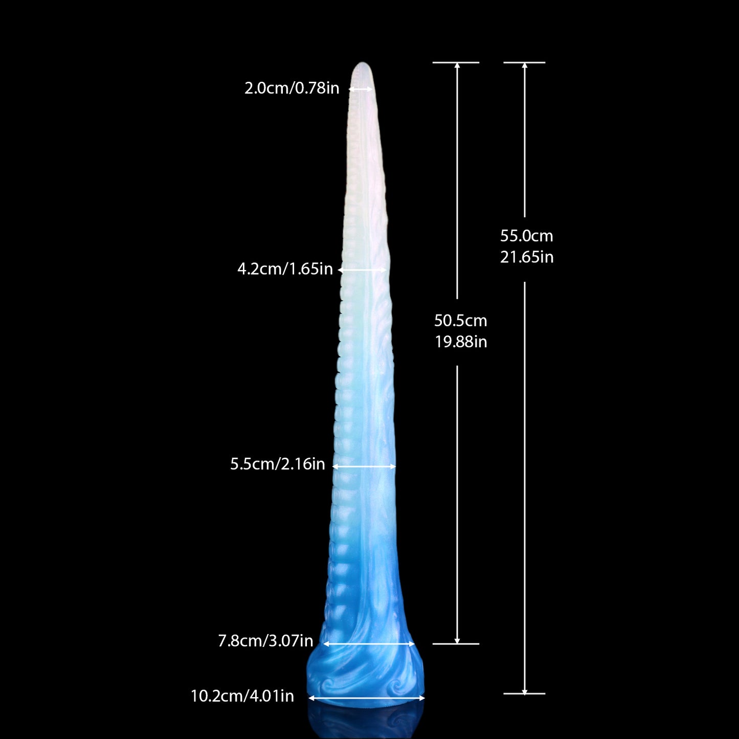 Coilor the Abyssal dildo, Mist colorway, size and dimension chart