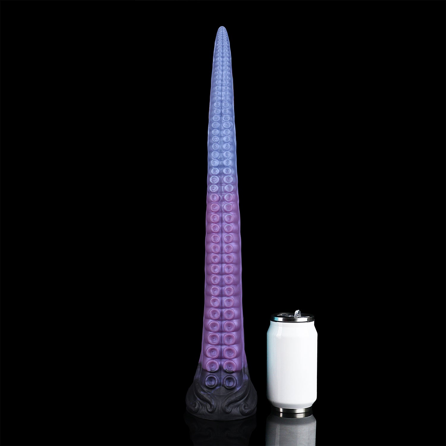 Coilor the Abyssal dildo, Spectre colorway, size comparison next to a standard can