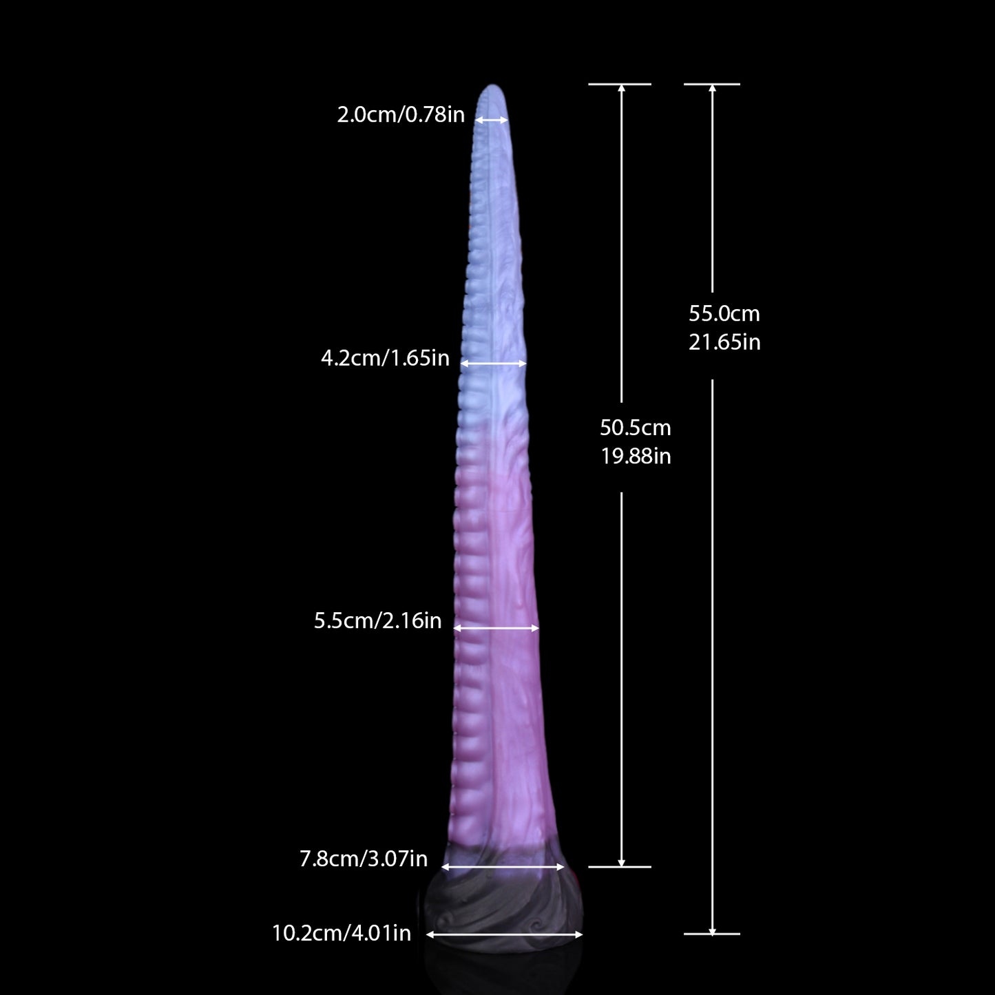 Coilor the Abyssal dildo, Spectre colorway, size and dimension chart