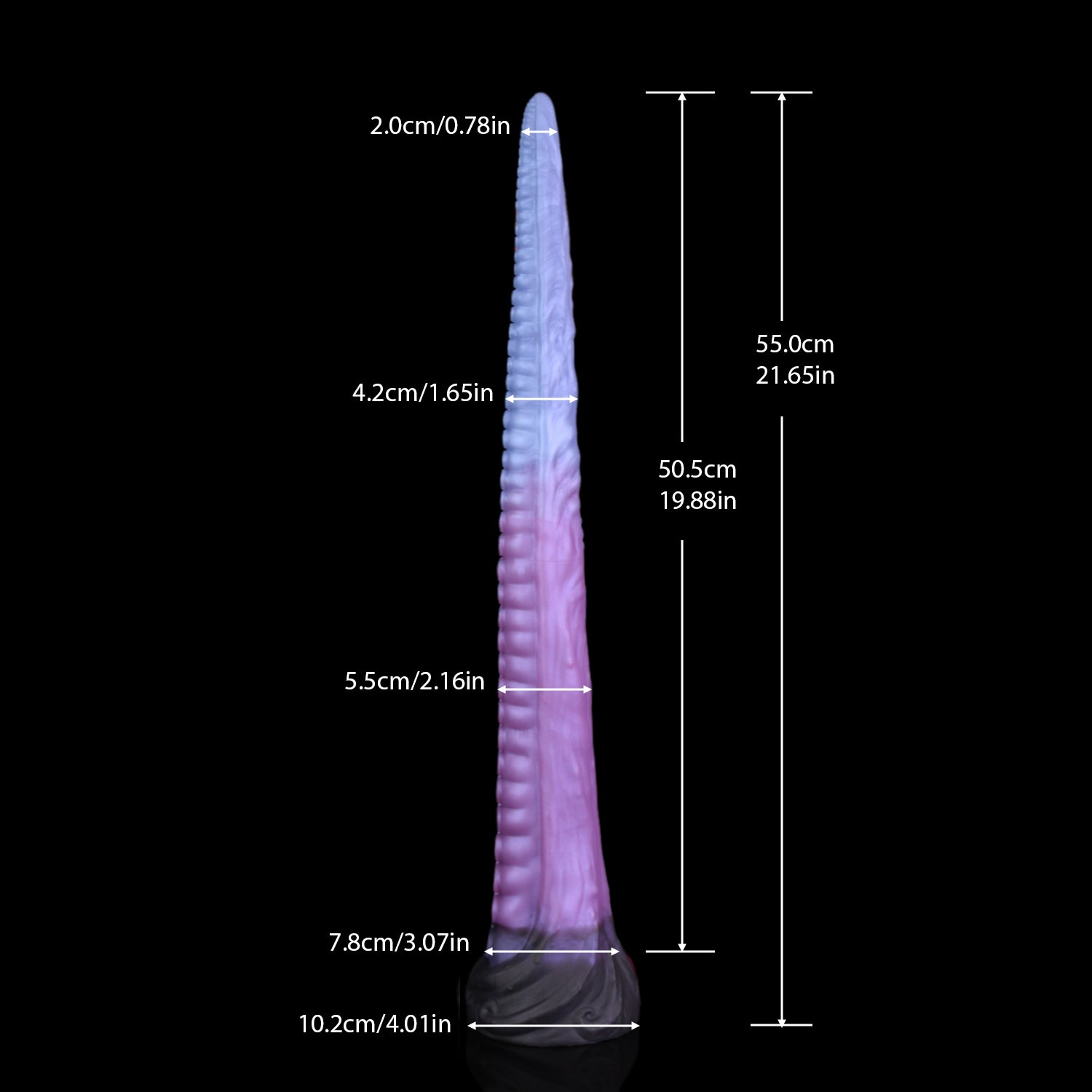 Coilor the Abyssal dildo, Spectre colorway, size and dimension chart